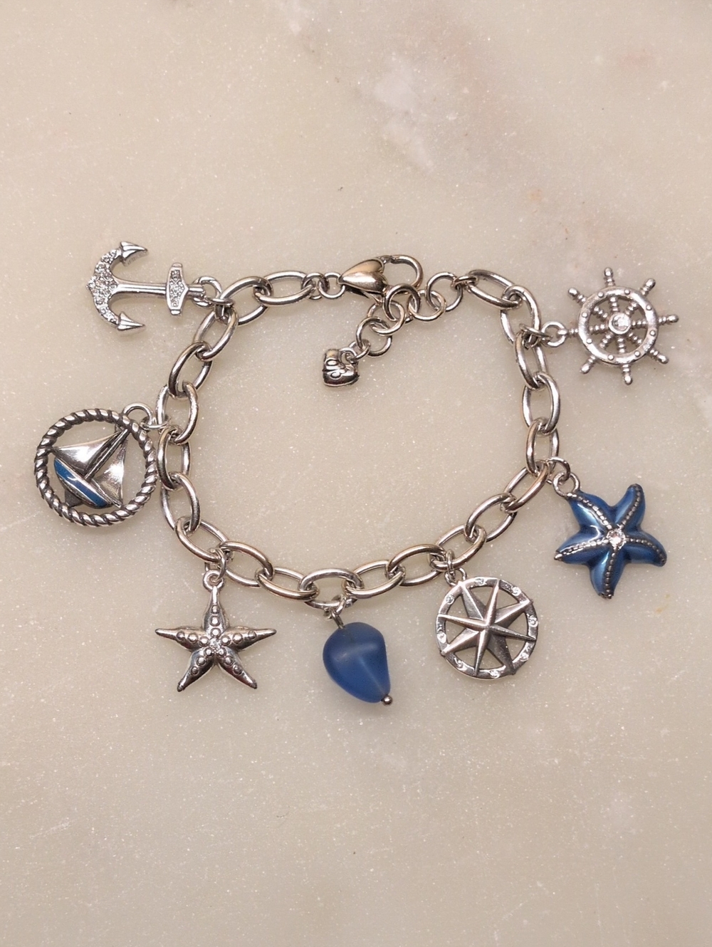 Brighton RARE Nautical Charm Bracelet Silver And Blue Enamel with Pave' Crystals